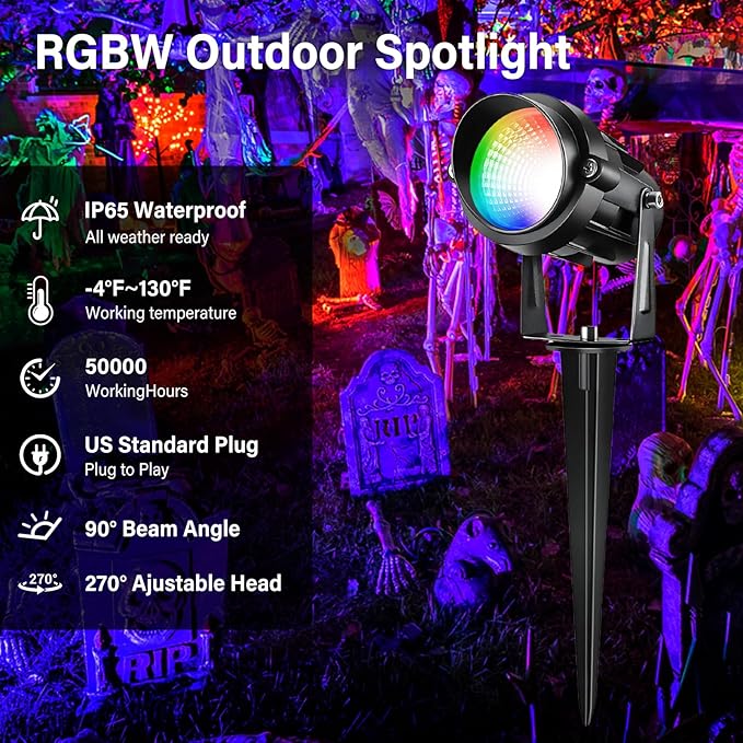 Christmas Spot Lights Outdoor Color Changing Landscape Spotlights,12W RGBW LED Outdoor Spot Lights for Yard Garden Decor,Waterproof 110V Plug in Landscape Lighting with Remote,4 Packs Qeeanmo