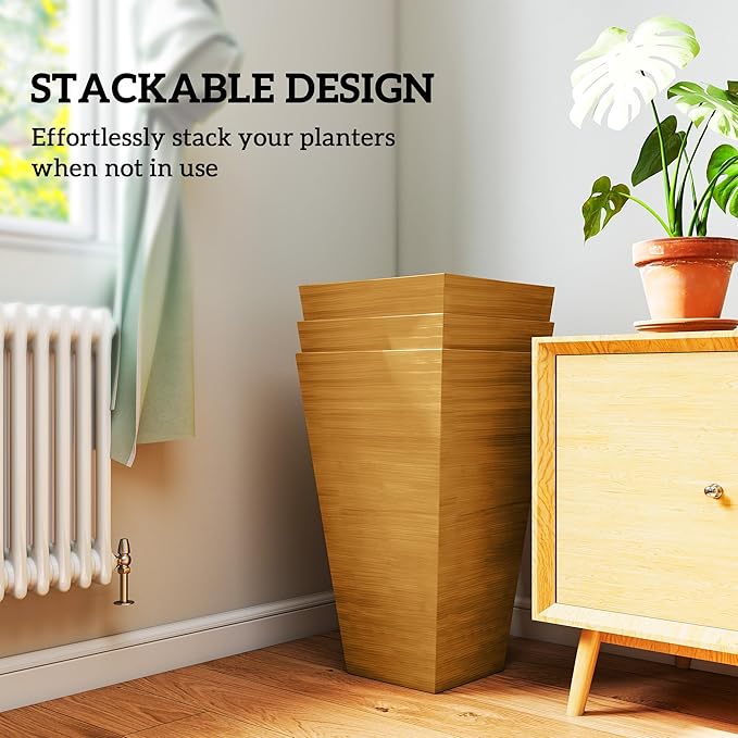 Outsunny Tall Planter for Outdoor Plants Set of 3, 28 Inch Taper Planter with Drainage Holes, Wood Grain Decor Garden Pot for Indoor Outdoor Porch Patio Backyard, Light Brown Outsunny