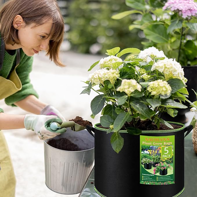 NACHLYNN 5-Pack 5 Gallon Grow Bags Heavy Duty Aeration Fabric Pots with Handles Thickened Nonwoven Fabric Pots Plant or Fruits Flowers Plant for Gardening Createyourownlifestory