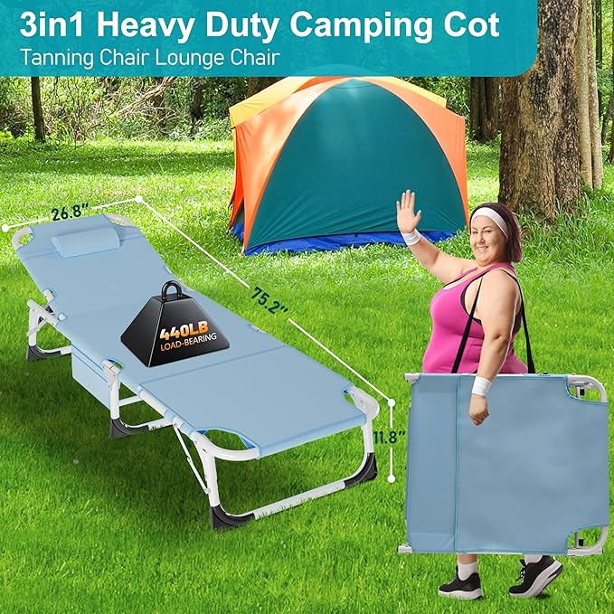 ABORON 3 in 1 Sun Tanning Chair Oversized with Mat&Face Arm Hole,Heavy Duty Folding Chaise Lounge Chairs,5-Position Outdoor Lounge Chair/Pillow, for Beach, Pool, Lawn, Yard, Patio ABORON