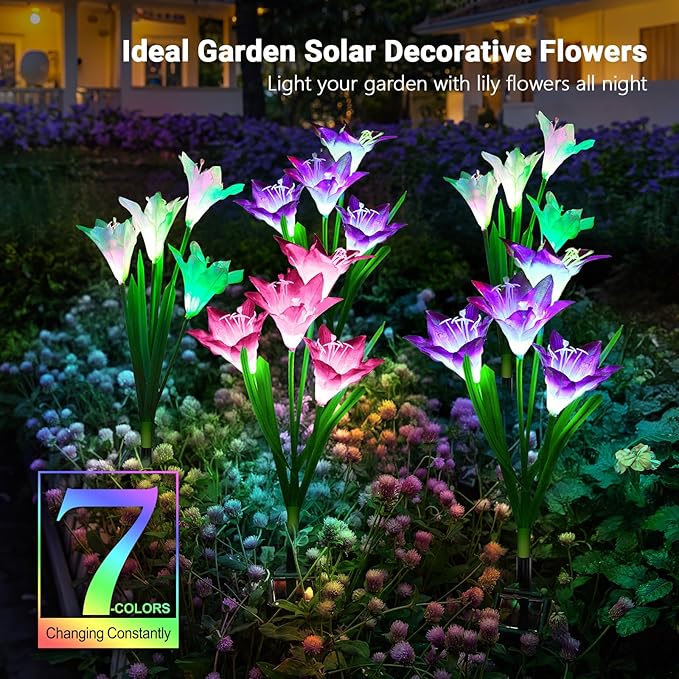 WdtPro Solar Outdoor Lights Garden Decorative 10 Pack, Waterproof Solar Garden Lights with 40 Lily Flowers, Multi-Color Changing Outdoor Solar Lights for Yard Outside Decorations WdtPro