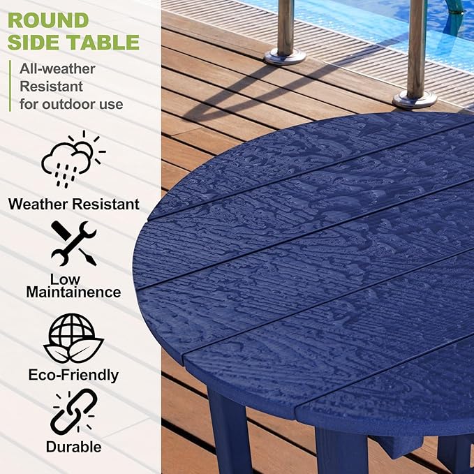 Y&M Outdoor Side Table, Waterproof Four-Legged Round Entryway End Table, Single-Tier HDPE Modern Small Coffee Nightstand for Bedroom, Living Room, Patio, Indoor or Outdoor Use, Navy Blue YM