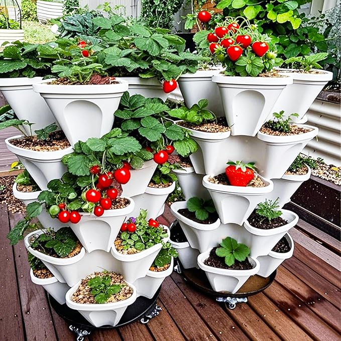 7 Tiered Strawberry Planters 3 Pack, Vertical Stackable Planter, Herb Stacking Tower Garden, Flower and Vegetable Planters with Support Pole Indoor & Outdoor with Removable Wheels - White Lykvrii