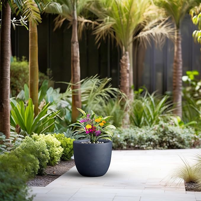 Kante 14 Inch Dia Round Concrete Planter, Indoor Outdoor Large Plant Pot with Drainage Hole and Rubber Plug for Home Patio Garden, Charcoal Kante