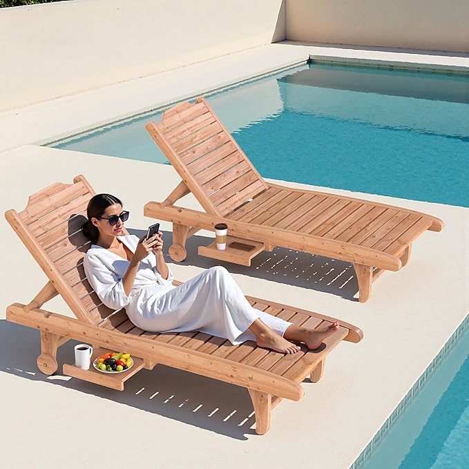 Wooden Chaise Lounge Chair, 3-Position Adjustable Outdoor Tanning Chair with Hidden Side Tray & Wheels, Poolside Patio Sun Chair EUNHOO