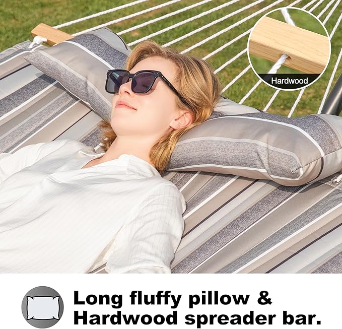 2 Person Hammocks for Outside, Double Quilted Fabric Outdoor Hammock with Spreader Bar, Large Removable Pillow, Storage Pockets, Carabiners, Max 475 lbs Capacity (Peace Dove Grey) GafeteOutdoorLiving