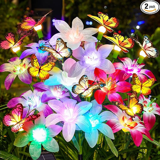 Garpar Solar Lily Lights with Swaying Butterflies, Upgraded Garden Solar Lights Outdoor Decorative, Waterproof Color Changing Garden Decor for Outside Yard Lawn Pathway Gift for Mom Women Grandma GarparOutdoorSolarLights