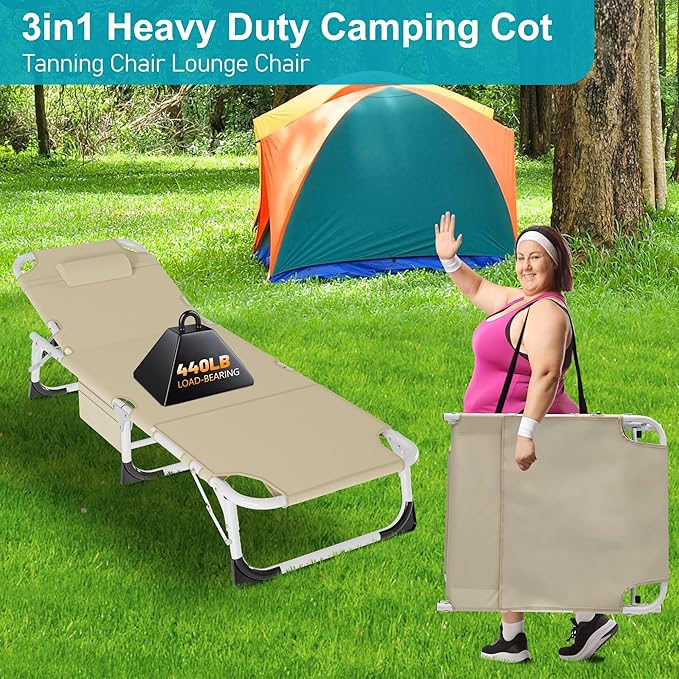 ABORON Sun Tanning Chair, 3 in 1 5 Positions Adjustable Heavy Duty Folding Chaise Lounge Chairs, Oversized with Mat/Pillow/Face Arm Hole, for Beach Pool Lawn Yard Patio ABORON