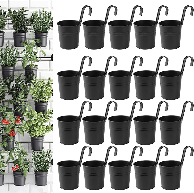 20 Pack 4 Inch Railing Hanging Planter, Black Small Hanging Bucket Planters, Metal Hanging Flower Pots, Metal Railing Bucket for Outdoor, Balcony, Fence, and Porch with Detachable Handles Rootora