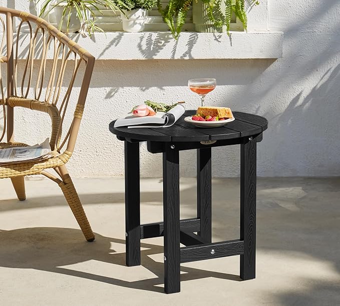 Y&M Outdoor Side Table, Waterproof Four-Legged Round Entryway End Table, Single-Tier HDPE Modern Small Coffee Nightstand for Bedroom, Living Room, Patio, Indoor or Outdoor Use, Black YM