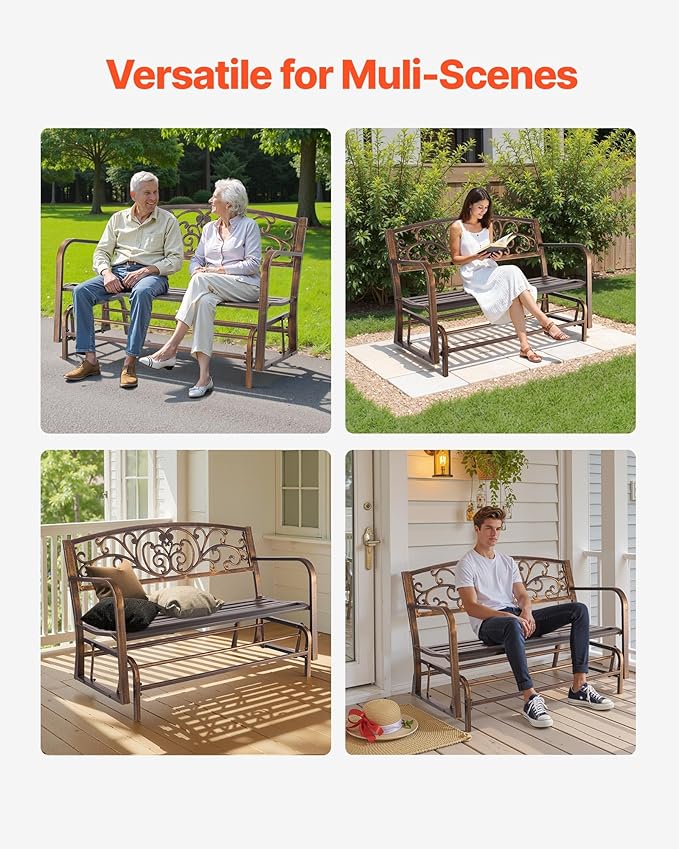 VEVOR Outdoor Bench, 50 inch, Carbon Steel Metal Frame with Cast Iron Backrest and Round Edge Armrests, Weatherproof Outside Glider Bench for Patio, Garden, Park, Yard, Front Porch, Antique Bronze VEVOR