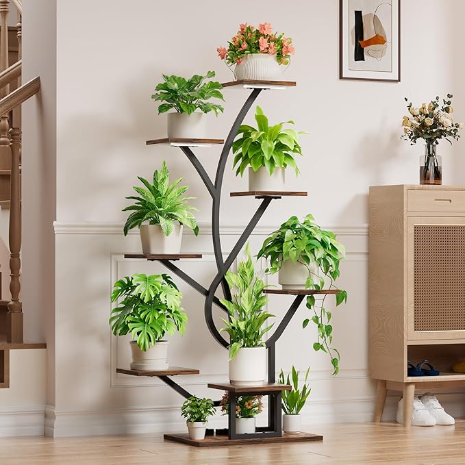 Plant Stand Indoor with Grow Lights - 8 Tiered Corner Plant Shelf Indoor, 50" Tall Lighted Plant Stand for Indoor Multiple Plants, Flower Stands Display Rack Holder for House, Patio, Black EVAWOO