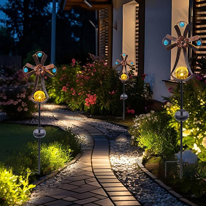 VCUTEKA Solar Garden Lights Cemetery Metal Flower Decor Colorful Solar Pathway Light with LED Cracked Crystal Ball Outdoor Decorative Stake for Patio Yard Lawn Garden Decor (Cross) VCUTEKA