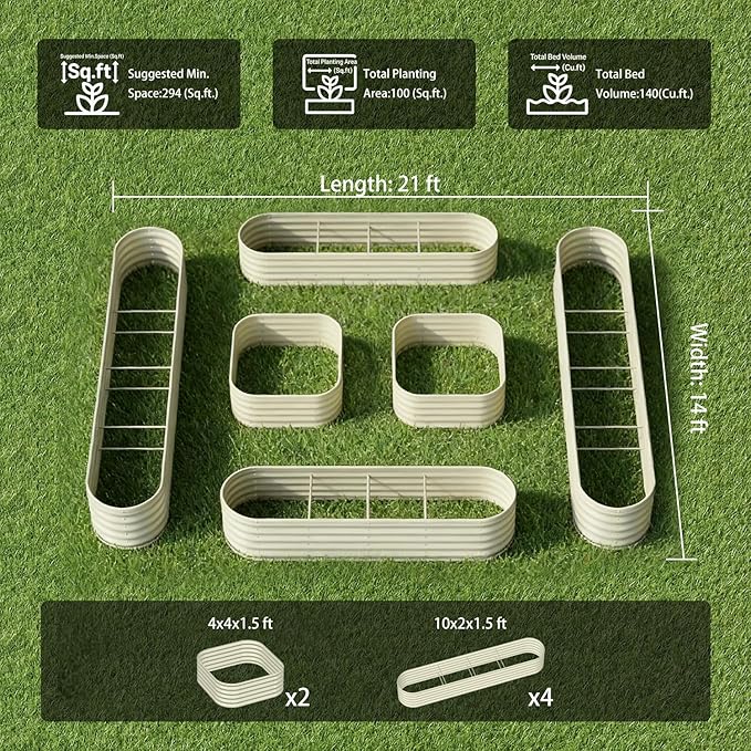 6-Pack 18” Tall Galvanized Raised Garden Beds – New Home Garden Layout, Fits 300 Sq Ft Backyard, 10x2x1.5 & 4x4x1.5 ft Metal Planter Raised Beds Set for Vegetable, Herb & Flower - Sand Beige Annoell