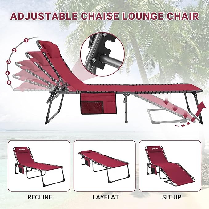 KingCamp Lounge Chair Outdoor, Folding Portable Tanning Chairs Comfy Adjustable 5-Position Lay Flat Foldable Chaise Chaser Lounger with Pillow for Outside Beach Patio Sun Bathing Pool Backyard, Wine KingCamp