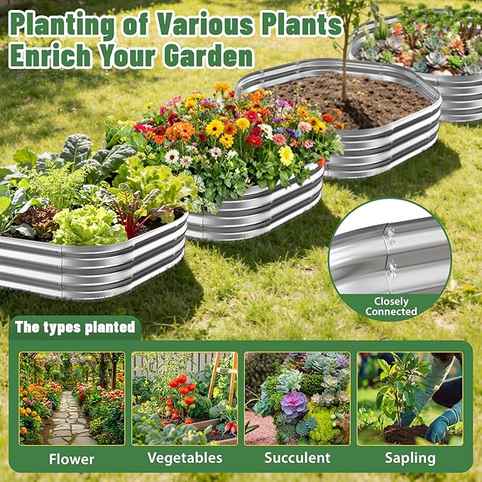 Hexagon Raised Garden Bed, 48 Inch Diagonal & 12 Inch Tall, Galvanized Steel Planter Box with Wave-Shaped Metal Panels for Outdoor Flower,Tree,Herb & Vegetable Garden (Silver, 4FT X 1FT) Rootora
