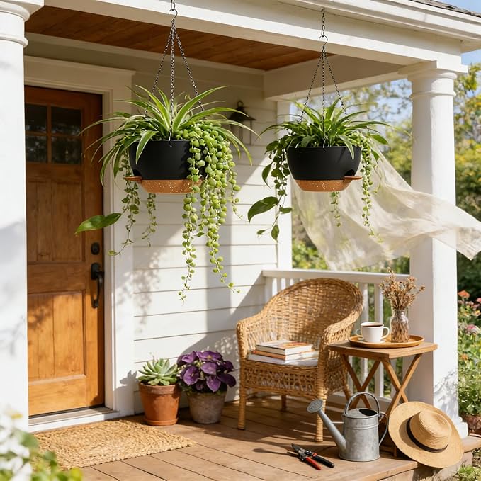 13 Inch 2 Pack Large Self Watering Hanging Planters for Indoor Outdoor Plants, Hanging Plant Pots with Removable 50 Oz Reservoir, Plastic Hanging Basket for Window Porch Garden, Black with Brown UOUZ