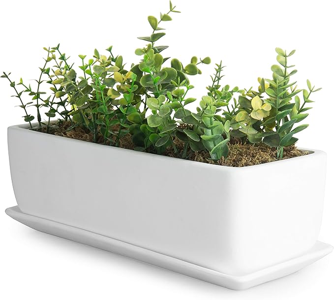 MyGift 14 Inch Ceramic Indoor Plant Pot with Drainage Hole, Rectangular Succulent Planter Window Box with Removable Saucer, Unglazed White MyGiftHome
