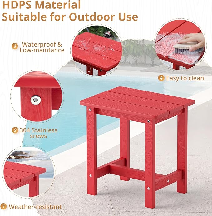 LUE BONA Outdoor Side Table, HDPS Small Outdoor Adirondack Side Tables, Outside End Table for Patio, Porch, Deck, Pool, Weather Resistant/Easy Maintenance,Bright Red LUEBONA