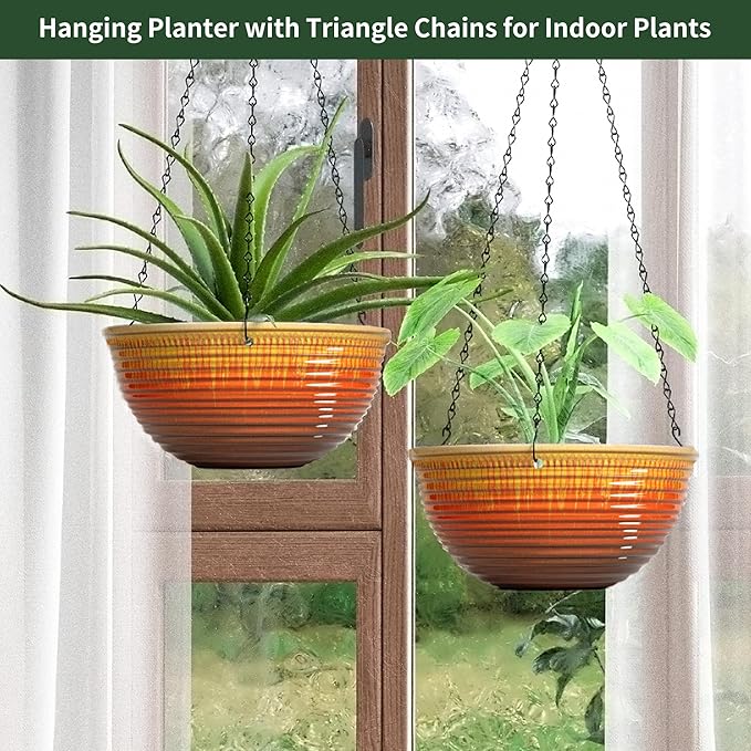 12 inch Large Hanging Planters for Indoor Outdoor Plants, Set of 2 Glazed Hanging Flower Pots with Drainage Hole, Hanging Baskets for Garden Home Porch Decor LesOasis