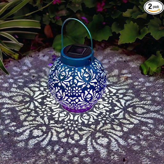 2 Pack Outdoor Solar Hanging Lantern Lights Metal LED Decorative Lamp for Garden Patio Courtyard Lawn and Table with Hollowed-Out Design (Royal Purple) ExcMark