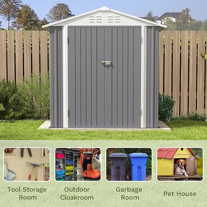 Patiowell 6x4 FT Outdoor Storage Shed, Water-Resistance Metal Outdoor Sheds with Vents & Lock, Garden Shed of Galvanized Steel for Lawn, Patio, Backyard Garden Tools, Bikes, Gray Patiowell