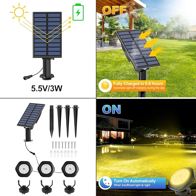 Solar Pond Lights,3000K Warm White LED Underwater Submersible Fountain Light,IP68 Waterproof Landscape Spotlights Lighting for Fish Aquarium Tank Garden Yard Pond Pool Decor(3-in-1) CREPOW