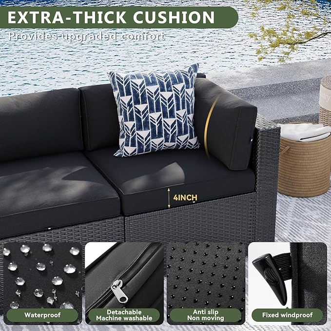 Aoxun 8 Piece Patio Furniture Set with 44” Fire Pit Table, Wicker Rattan Patio Sectional Sofa, Outdoor Furniture Set with Thickened Cushion, Black Aoxun