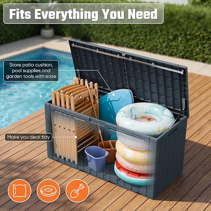 Greesum 110 Gallon Outdoor Storage Box with Lockable Lid, All-Weather Solution for Patio Furniture, Pool Supplies & Garden Tools, Waterproof, UV-Resistant Large Deck Box, Gray BuynowfromGreesum