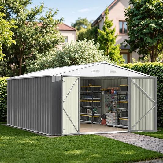 Patiowell 10x14 FT Outdoor Storage Shed, Large Metal Garden Shed with Lockable Door and Sloping Roof, Outside Steel Utility Tool Sheds for Backyard Lawn Garden Patio, Grey Patiowell