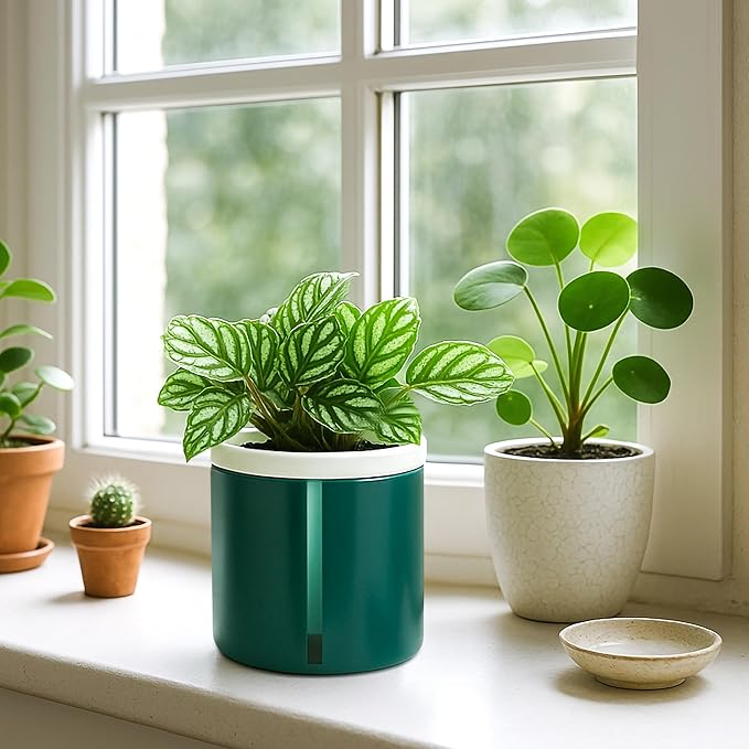 D'vine Dev 4 Inch Design Self Watering Planter for Indoor Plants, White Terracotta Pot with Teal Cylinder Glass Cup, Set of 3,37-Z-A-5-T DvineDevPlanterPotsandStand