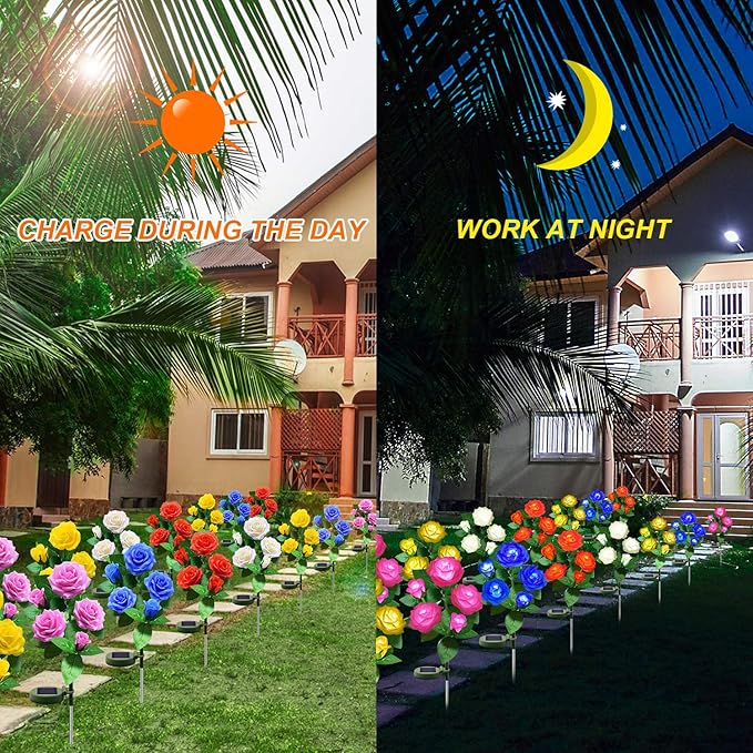 Solar Flower Lights Outdoor - Upgraded New Material Two Modes Realistic LED Solar Powered Waterproof Lights with 5 Roses, Solar Decorative Stake Lights for Garden (White, 1 Pack) LightYourLife