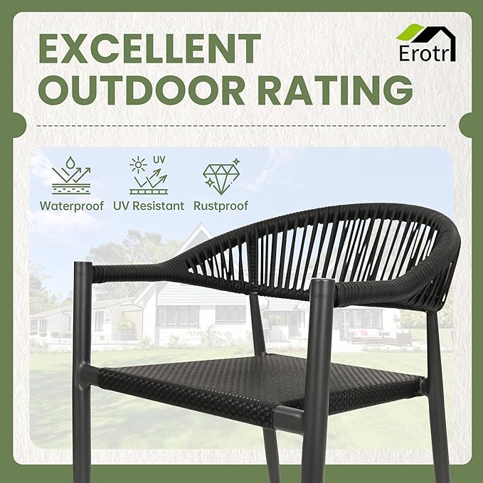 4 Pcs Stackable Patio Dining Chairs, Aluminum Rattan Outdoor Dining Chair with Arms, Woven Rope Garden Armchair Metal No Assembly for Bistro Balcony Porch Deck Yard Cafe Restaurant, Black Erotr