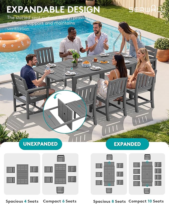 SERWALL 9-Piece Outdoor Dining Set, 60" - 83" Expandable Outdoor Dining Table and 8 HDPE Chairs, All Weather HDPE Outdoor Furniture Set for Backyard, Garden, Grey SERWALL
