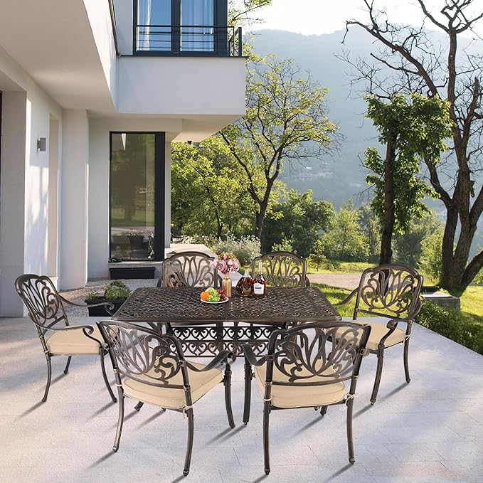 VINGLI 7 Pieces Outdoor Dining Set, Cast Aluminium All-Weather Patio Dining Set for 6 with Umbrella Hole, Outdoor Dining Table and Chairs with Cushion for Yard, Garden, Porch and Poolside, Bronze VINGLI