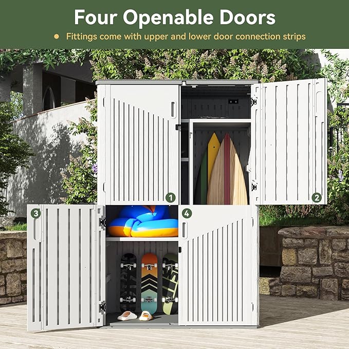 Aoxun White Resin Outdoor Storage Shed with 2 Shelves & Floor, 64 Cu.Ft Vertical Waterproof Cabinet for Garage, Pool, Bike, Garden Tools, Patio Furniture Aoxun
