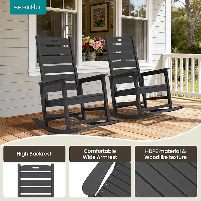 SERWALL Outdoor Rocking Chair Set of 4, Oversized HDPE Patio Rocking Chair with Footrest for Adults, All Weather Porch Rocker for Deck Patio Balcony, Gray SERWALL