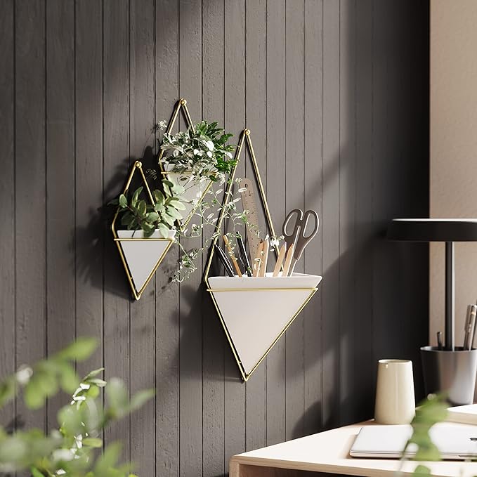 Umbra Trigg Hanging Planter Vase Wall Decor, Set of 2 Pots Containers for Succulents, Cactus, Faux Plants, and More, Small, White/Brass Umbra