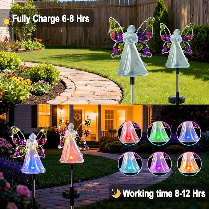 Angel Solar Lights for Cemetery Memorial Gift Grave Decorations Solar Angel Stake Lights Outdoor Waterproof Garden Decor Yard Lawn Ornaments, Angel Gifts for Women 2 Pack ELFENGARDEN