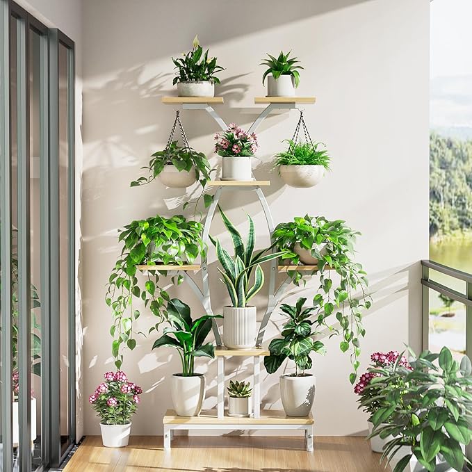 Plant Stand Indoor with Grow Lights - 7 Tiered Metal Corner Shelf for Multiple Plants, 63" Corner Plant Stand for Indoor Plants, X-Shaped Plant Rack for Home, Living Room, Office & Patio Decor Rootora