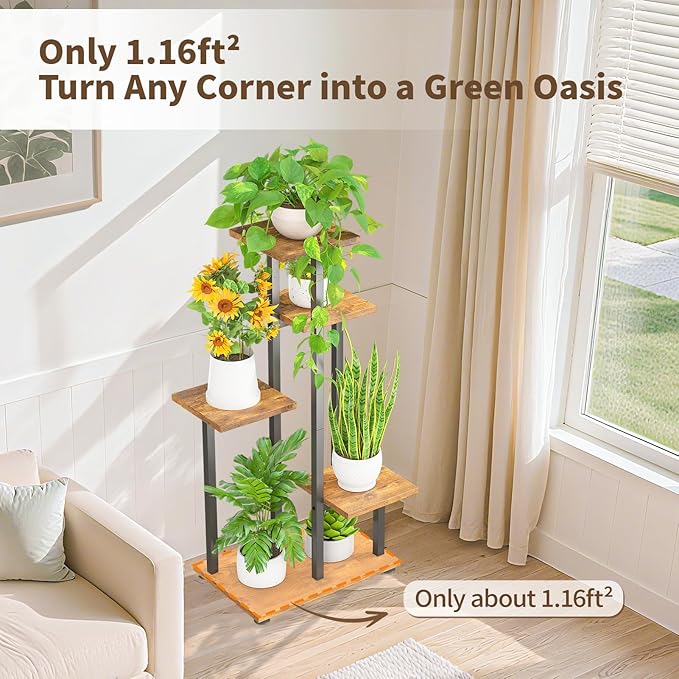 LASZOLA Black 5 Tiered Wood Plant Stand Indoor for Large Heavy Duty Planter, Sturdy Multi Level Corner Vertical Flower Rack for Narrow House, Rustic Tall Orchid Shelving Holder for Decor, Space Saving LASZOLA