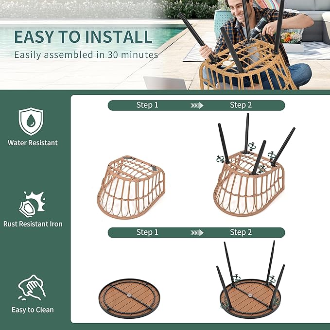 Pamapic 5-Pieces Patio Dining Set with Wood Table Top, All-Weather PE Rattan Patio Furniture Set, Outdoor Dining Furniture with Removable Cushion Chairs & Round Table for Garden Lawn Patio,Cream Pamapic