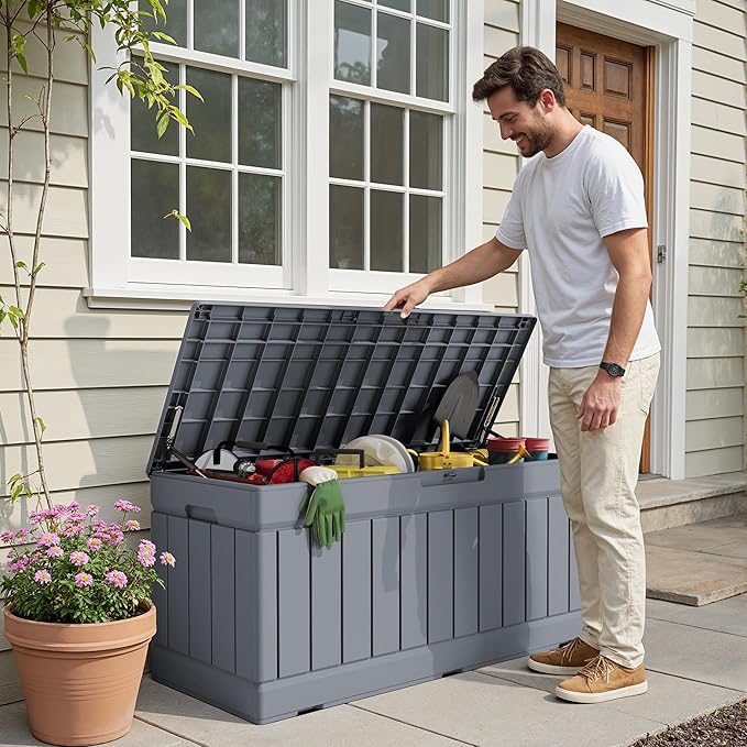 Devoko 78 Gallon Deck Box, Waterproof Resin Outdoor Storage Box for Outside and Patio, Outdoor Storage Bench Lockable for Patio Furniture, Garden Tools and Pool Supplies (Grey, 78 Gallon) DEVOKO