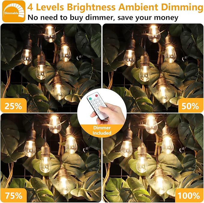 Mlambert 96Ft(2x48ft) 3-Color in 1 48Ft LED Dimmable Outdoor String Lights with Remote, Plug-in 2700K/4000K/5000K Waterproof Lights for Patio Cafe Mlambert