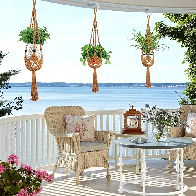 Augshy Jute Crochet Macrame Plant Hangers with Hooks, 2 Pack 35 Inch Natural Cotton Boho Indoor Outdoor Brown Planter Hanging Holder for Ceiling Balcony Porch Home Decor Augshy