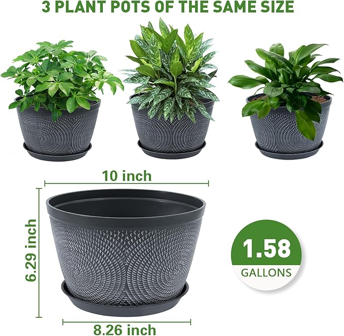 Quarut 10 Inch Flower Pots Planters for Outdoor Indoor, 3 Pack Plastic Plant Pots with Drainage Hole & Tray, Modern Decorative Garden Pot with Saucer, planters for House (Gray) Quarut