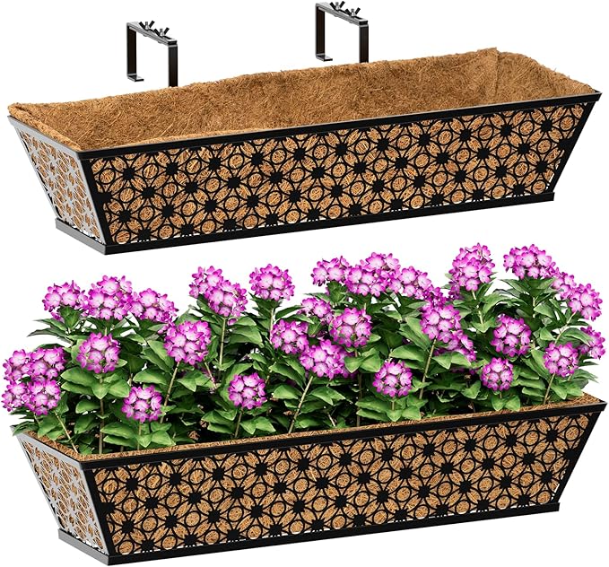 SPECILITE 24" Window Boxes Planters, Heavy Duty Metal Railing Planter Boxes, Adjustable Balcony Planters for Railing Hanging, with Coco Liner & Tool Set for Deck, Porch, and Patio Gardening (2 Pack) SPECILITE