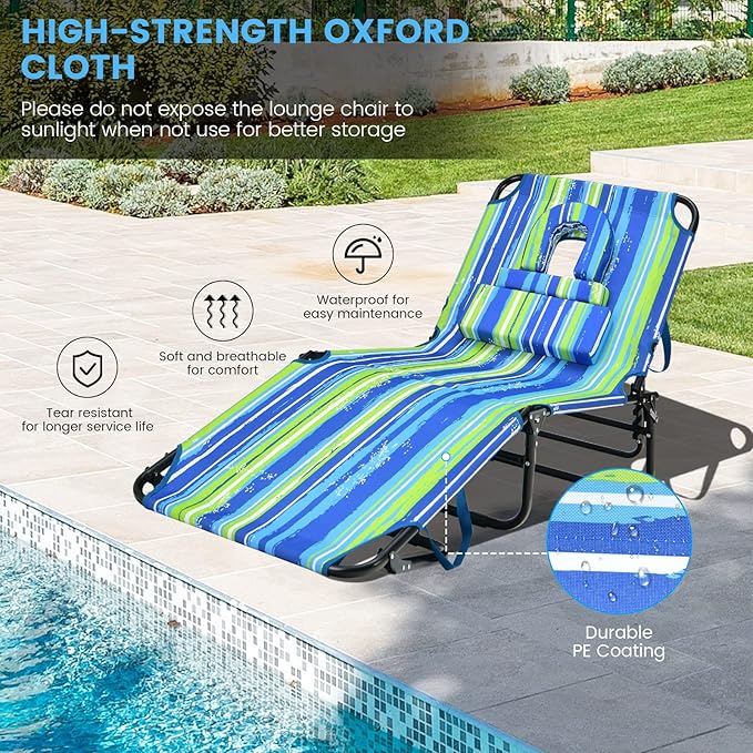 GYMAX Tanning Chair, 350lbs Beach Lounge Chair with Face Hole, Washable Pillow & Carry Strap, Adjustable Folding Chaise Lounge, Layout Lounger for Outside, Patio, Poolside, Lawn (2, Stripe) GYMAX