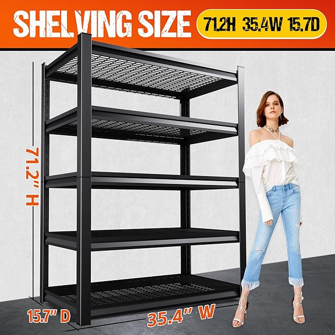 71.2" H Garage Shelving Heavy Duty Storage Shelves, Adjustable Metal Shelving Unit, Utility Garage Organizer Shelf for Basement, Pantry, Warehouse, Supermarket, 35.4" Wx15.7 Dx71.2 H,Black Rootora