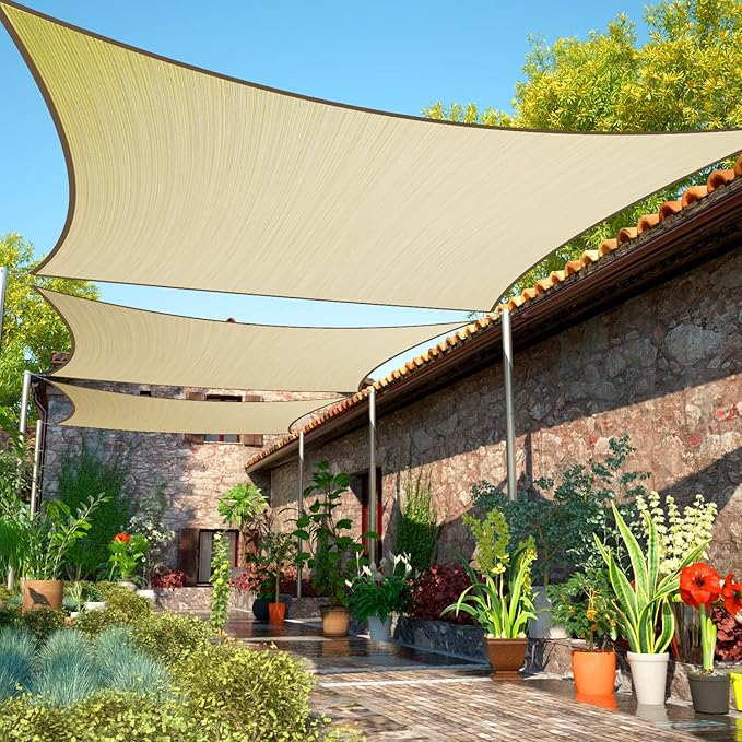 ShadeMart 12' x 20' Beige Sun Shade Sail UPF50 Rectangle Canopy Fabric Cloth Screen smTAPR1220, Water and Air Permeable & UV Resistant, Heavy Duty, Carport Patio Outdoor - (We Customize Size) ShadeMart